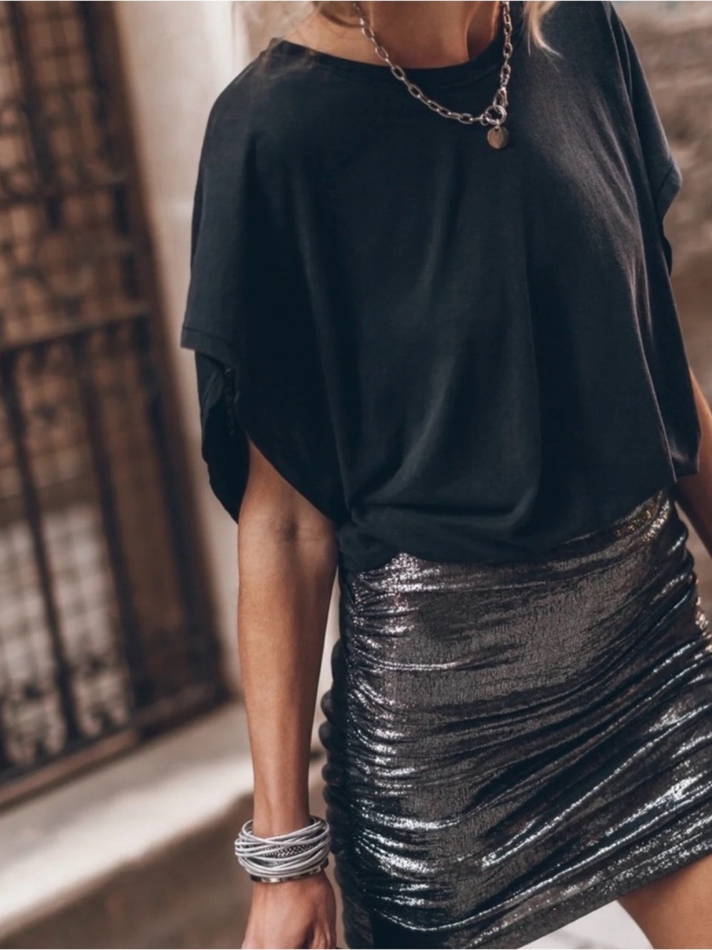 Mikuta Metallic Ruched Mini Skirt - Shimmer Black S NWOT